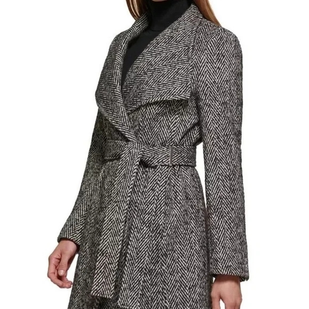 Calvin Klein Herringbone Trench Coat in Black and White SZ XXS Petite